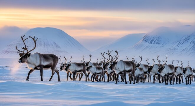 A leading reindeer guides a long herd across a vast snowy plain beneath pastel dawn skies and distant Arctic mountains, portraying migration, endurance, and the timeless rhythms of life in frozen nort