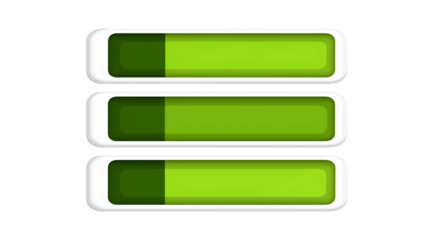 Three green progress bars with white borders showing partial completion on a black background