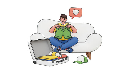 Young man sitting crosslegged on a white sofa knitting a green vest with a heart like icon above, isolated on transparent background