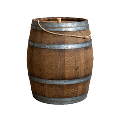 Obraz premium Rustic Wooden Barrel with Metal Bands and Rope Handle