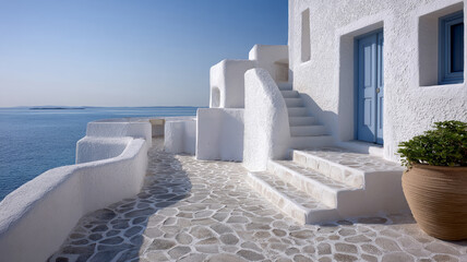 Fototapeta premium White Greek buildings with blue doors by the sea.