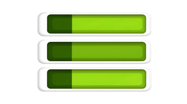 Three green progress bars with white borders showing partial completion on a black background