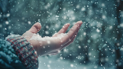 Fototapeta premium Hand catching snowflakes while snowing in winter forest 