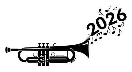 Black and white illustration of a trumpet with musical notes forming the year 2026.