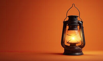 A rustic oil lantern with a warm glow sits against a vibrant orange background, casting light