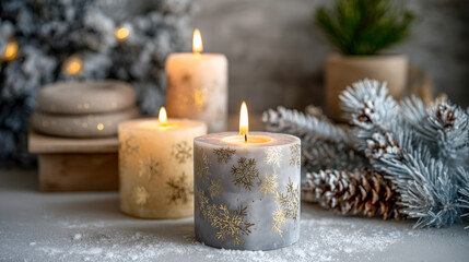 Three candles with snowflake designs are lit on a table