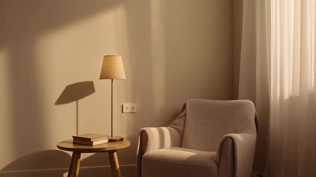 Cozy Reading Nook with Armchair and Table Lamp Illuminated by Natural Light side table books