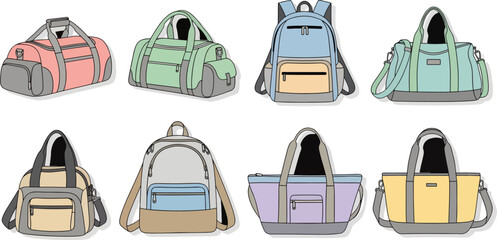 Colorful Travel Backpacks Set in Various Styles and Colors