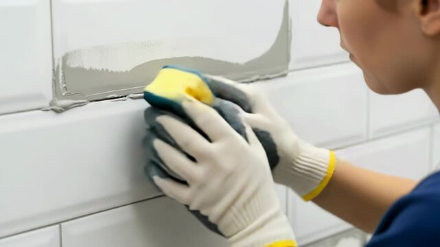 Female tiler cleans grout from subway tiles on bathroom wall with precision and care