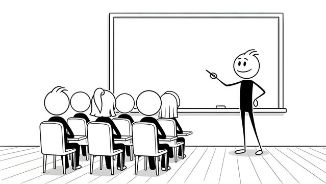 Stick figure teacher presenting to students in classroom