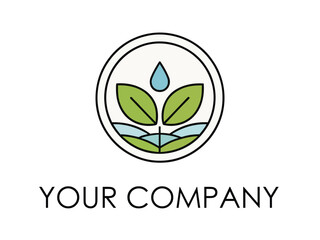 Eco-Friendly Company Logo with Leaves, Water Drop, and Circular Border