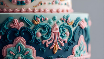 A close-up shot of a colorful pink and blue cake with intricate design