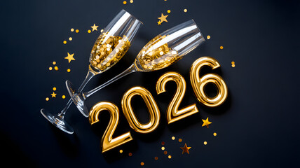 Celebrate a sparkling New Year 2026 with golden decorations and champagne glasses full of confetti, perfect for invitations or festive greetings