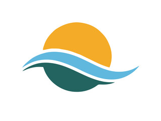 Minimalist graphic logo with a golden sun and flowing blue ocean waves symbolizing a tropical vacation or coastal tranquility