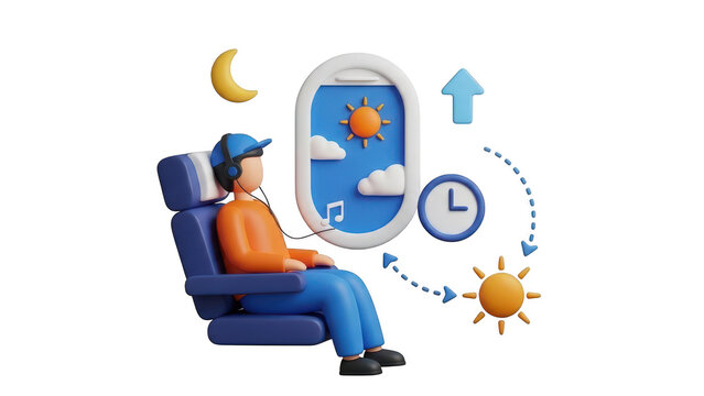 3d character sitting in airplane seat looking out window experiencing time zone change and jet lag concept isolated on transparent background