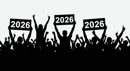Silhouetted crowd holding signs with the year 2026, celebrating or protesting.
