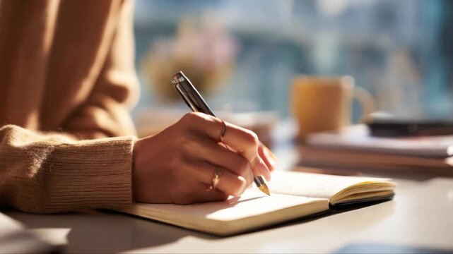 Woman writing in notebook with pen, showcasing detailed hand movements and warm lighting, camera follows action with smooth handheld motion