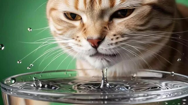 Orange tabby cat drinking water in slow motion on green screen