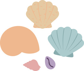 Pastel Flat Seashell Illustration with Various Colors on White Background