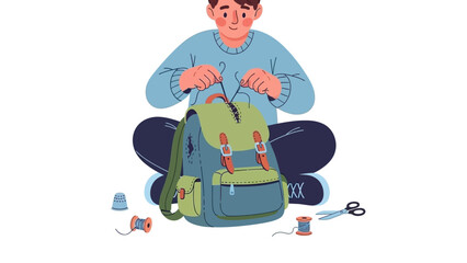 A focused young man sits cross-legged on the floor, carefully mending his green travel backpack with a needle and thread illustration