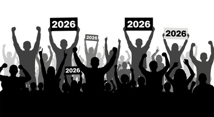Silhouetted crowd holding signs with the year 2026, celebrating or protesting.