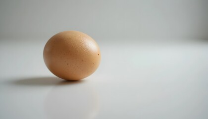 Macro shot of a single farm egg resting on a white surface.
