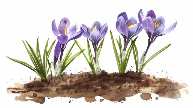 Delicate watercolor painting showcases a row of graceful purple crocus flowers blooming from dark textured soil, their vibrant petals and orange centers signaling the refreshing start of the spring se