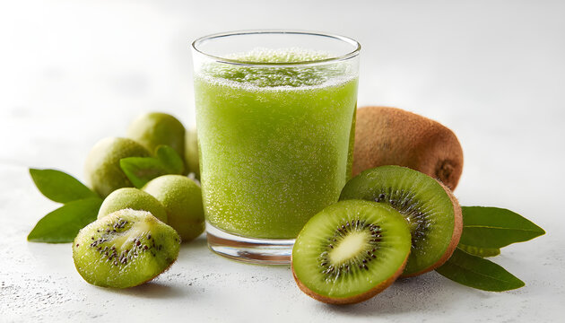 Green kiwi juice streams into a clear drinking glass, with whole and halved ripe kiwi fruits arranged around the base on a bright white surface, emphasizing freshness and healthy living