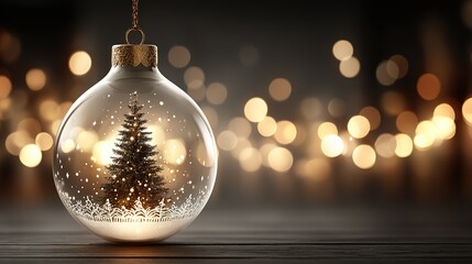 Warm-lit golden Xmas orb: delicate openwork & lit mini pine, creamy bokeh backdrop, delivers holiday warmth