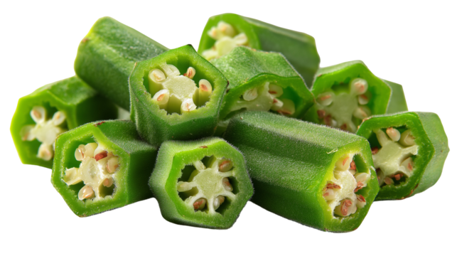 A close up shot of sliced okra pieces stacked on top of each other against a black background studio shot