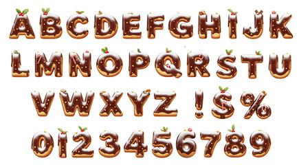 Delicious chocolate donut alphabet and numbers, perfect for holiday-themed designs and sweet treat promotions, adding a playful and festive touch this season