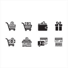 Shopping Icons Silhouette | Cart, Trolley, Wallet, Card, Store, Money, Gift, Delivery & Barcode Vector Set