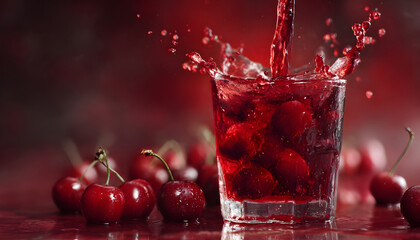 Rich red cherry juice pours dynamically into a clear glass tumbler, creating splashes, with a cluster of sweet, ripe cherries reflecting on the deep red surface