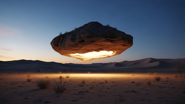 A glowing mystical tree standing alone in the desert night.