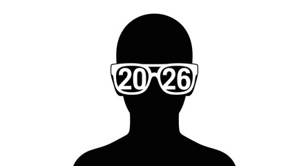 Silhouette of a person wearing glasses with the year 2026 on the lenses.