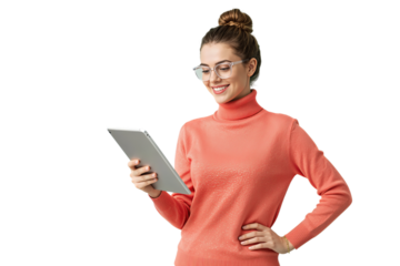 Smiling Young Woman with Tablet in Coral Sweater