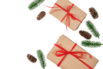Two rectangular gifts made of brown kraft paper with red bow ties, surrounded by pine branches and cones on a white background.