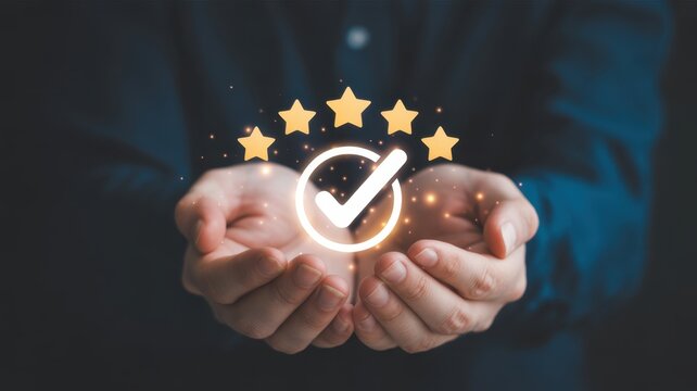 Customer Satisfaction and Excellence: A visual representation of service quality, featuring open hands cradling a glowing symbol of approval, adorned with five stars.