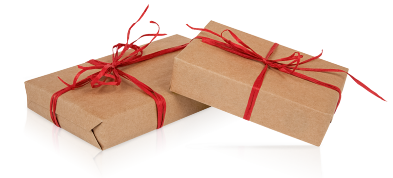 Two gift boxes made of brown kraft-paper, tied with a bright red ribbon, on a white surface.