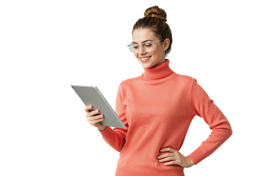 Smiling Young Woman with Tablet in Coral Sweater - Powered by Adobe