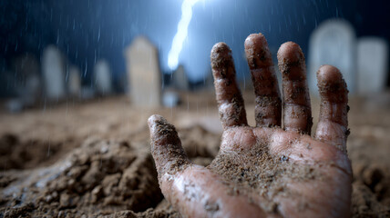 A muddy hand emerging from the ground in a graveyard at night.