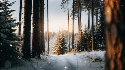 Top view of realistic winter forest with snow-covered pine trees, warm golden hour light, gentle falling snow