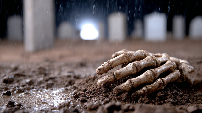 Skeleton hand emerging from wet dirt in a rainy graveyard.