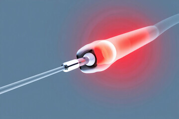 Close up of a glowing red medical catheter tip with a metallic connector against a blue gradient background
