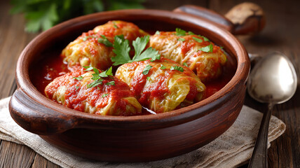 Stuffed cabbage rolls in tomato sauce with parsley garnish.