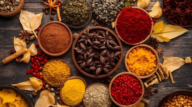 Assortment of colorful spices and herbs arranged in wooden bowls on a rustic surface.
