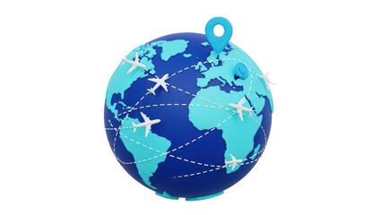 Naklejka premium 3d globe with airplane routes and location pin symbolizing global travel and international flight connection isolated on transparent background