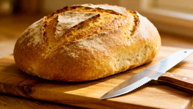 Loaf of bread on cutting board with knife.