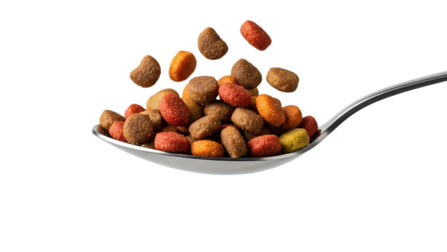 Spoonful of assorted kibble falling with black background for pet food advertising and marketing use