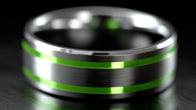 Modern tungsten ring with green stripe on a reflective surface.